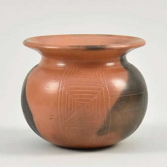 Glazed Studio Pottery Vase In Terracotta And And Black Colour
