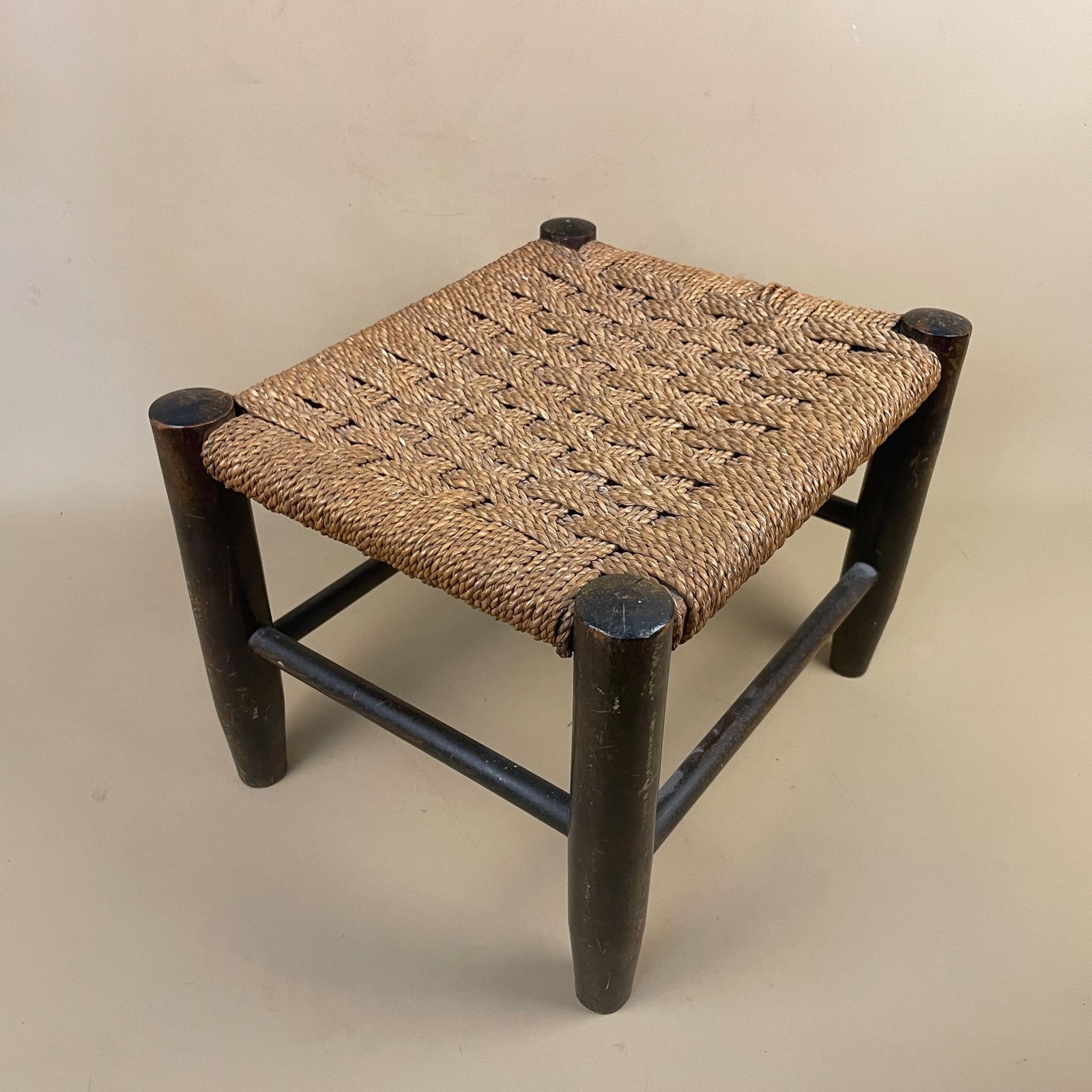 Antique Wooden Foot Stool Woven String Wood Cottage Furniture Rectangle Brown Hallway Seat 23.5x32x27cm Footstool Bench photo buy