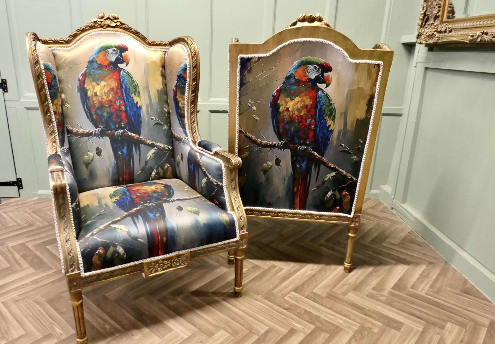 A Pair Of Salon Chairs With Silk Parrot Design photo vintage