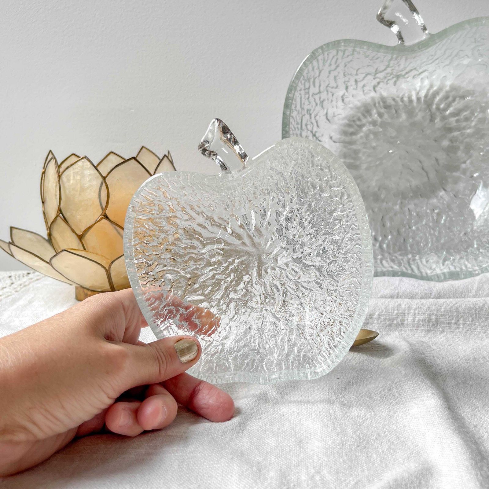 Vintage Glass Dessert Set – 1 Salad Bowl + 5 Matching Bowls – Clear Molded Apple Shaped Glass – Original Retro Tableware photo buy