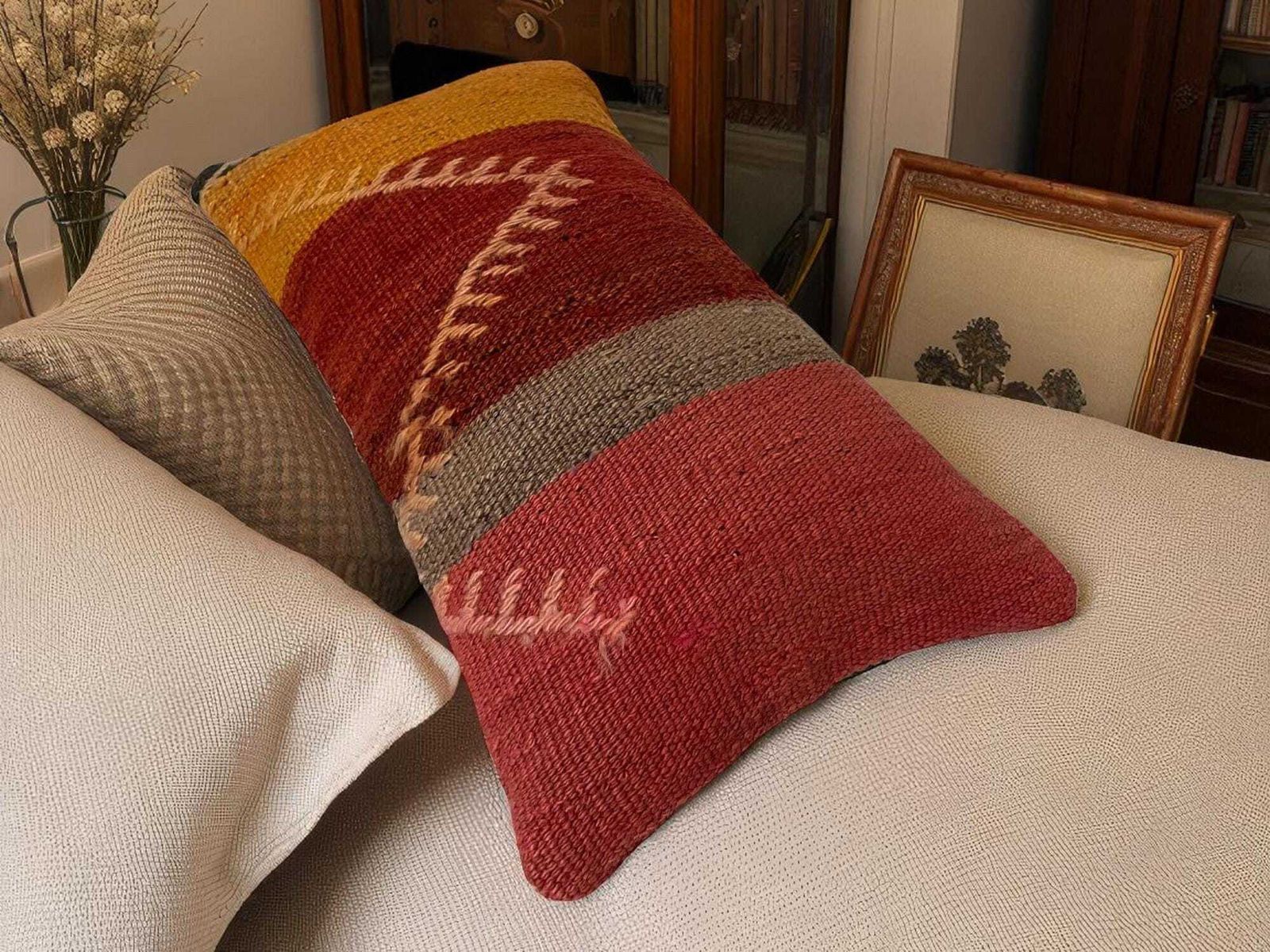 photo for sale Hand Made Kilim Faced Cushion 12 X 20 Inches, Anatolian Kilim Pillow, Handmade Cushion Cover, Turkish Decor, Home Decor Accent