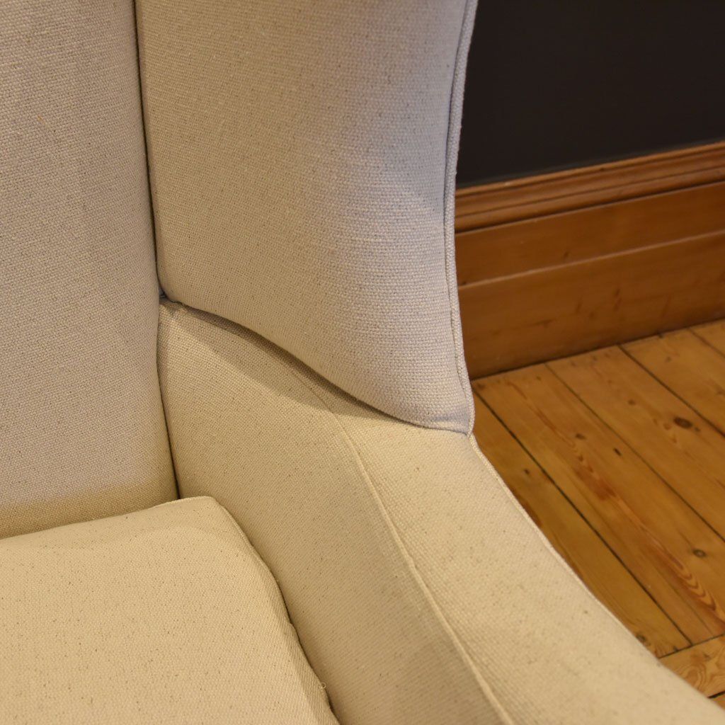 Georgian Style Wingback Armchair Newly Reupholstered In White Grainsack Material photo vinterior