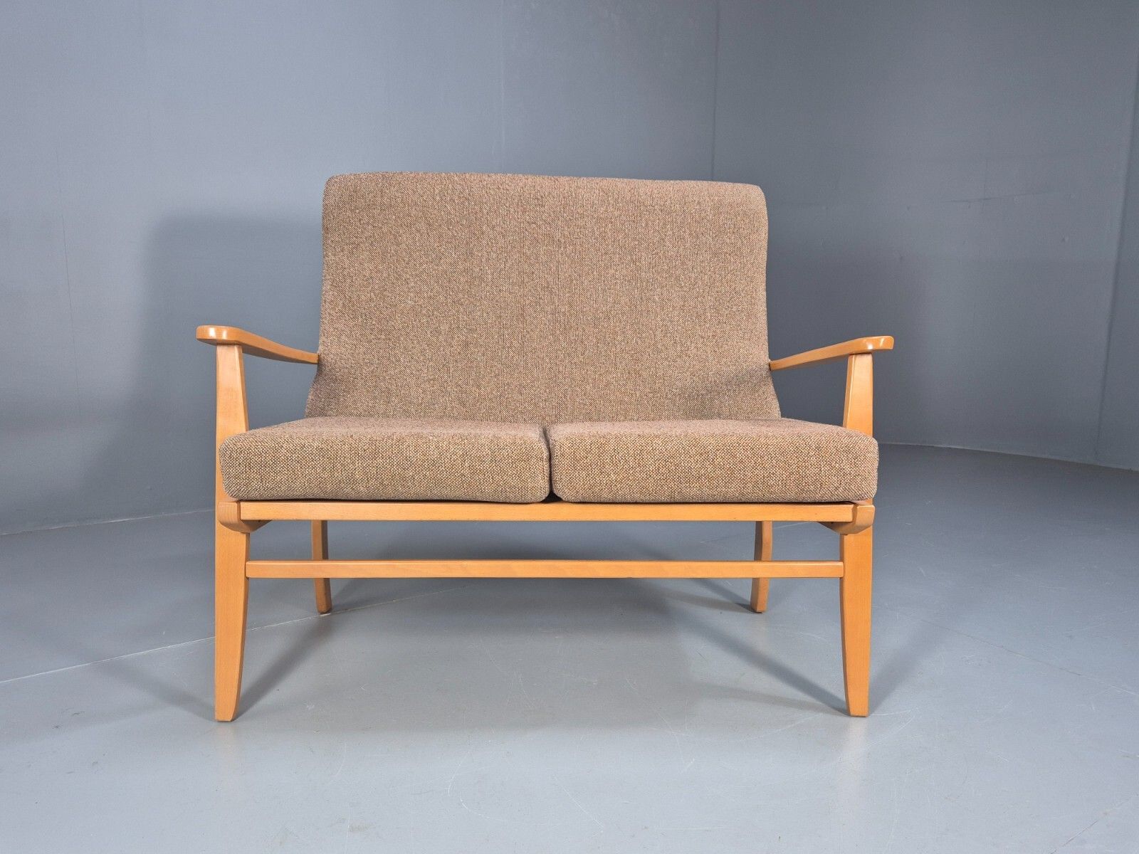 Vintage 2 Seater Sofa Beige Fabric Beech Frame Danish Design Eb9490 M2ss photo for sale