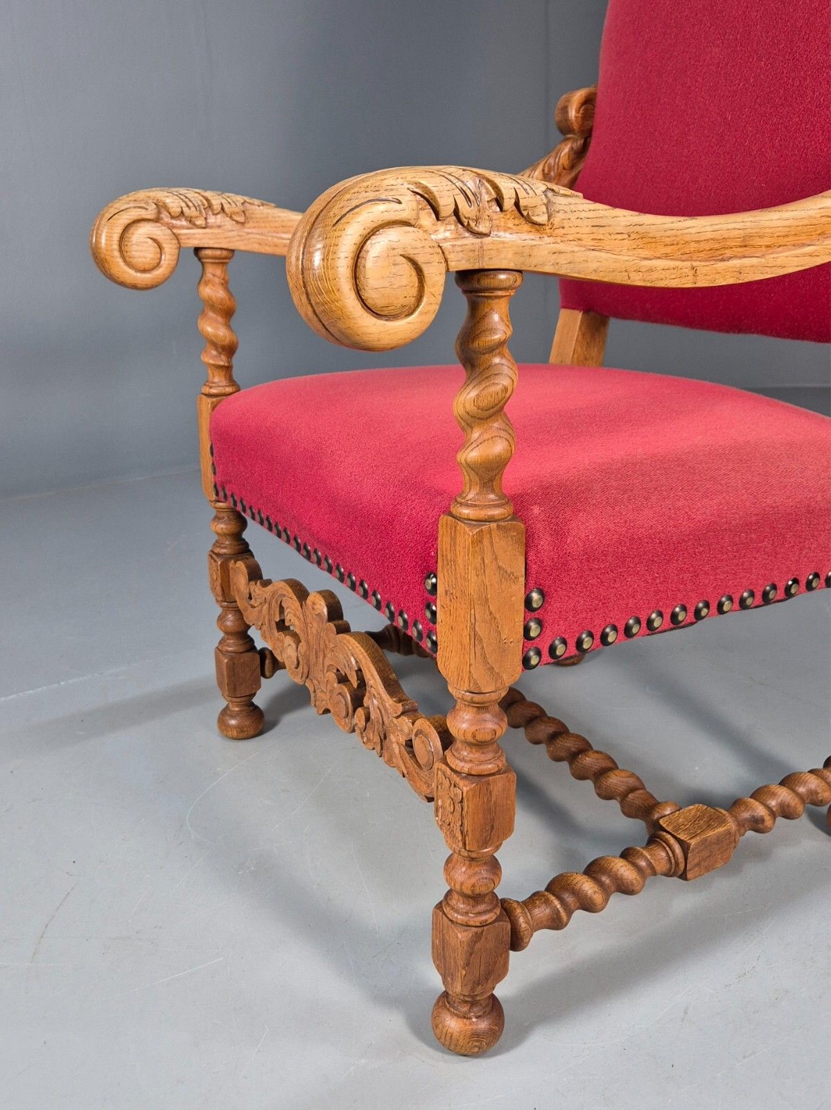 Antique Carved Oak Armchair Red Fabric Studding Vintage Danish Eb9574 Vcar photo buy