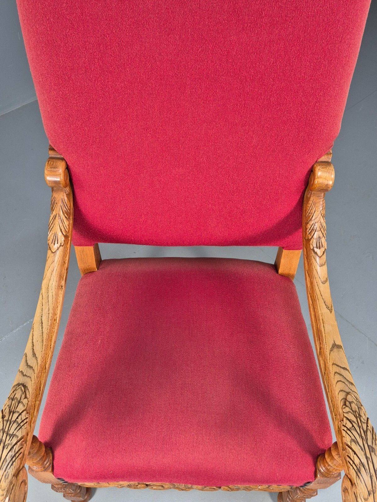photo for sale Antique Carved Oak Armchair Red Fabric Studding Vintage Danish Eb9574 Vcar