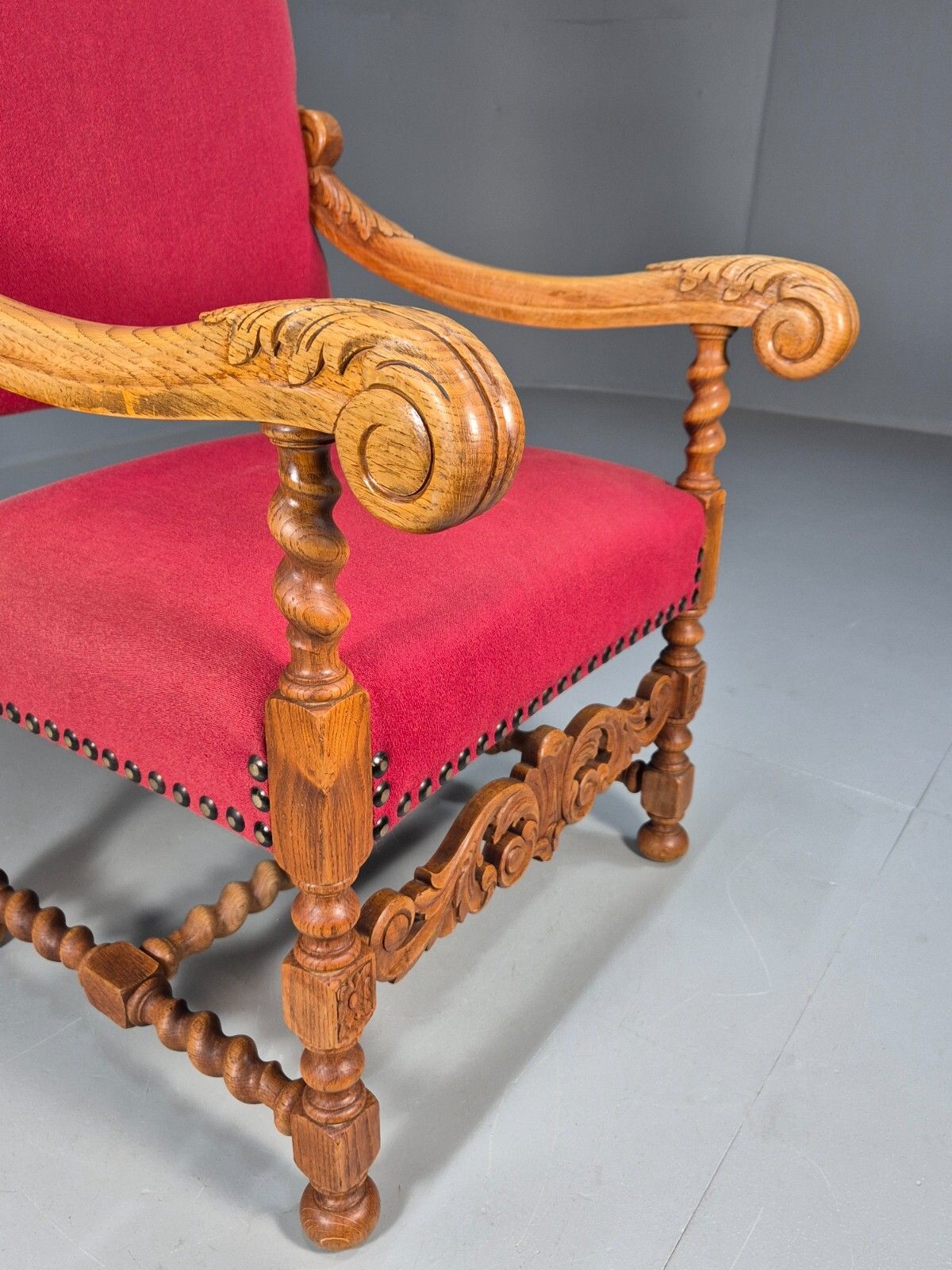 photo buy Vintage Danish Baroque Style Armchair In Red Wool And Oak 1950s  Eb9582 Vcar
