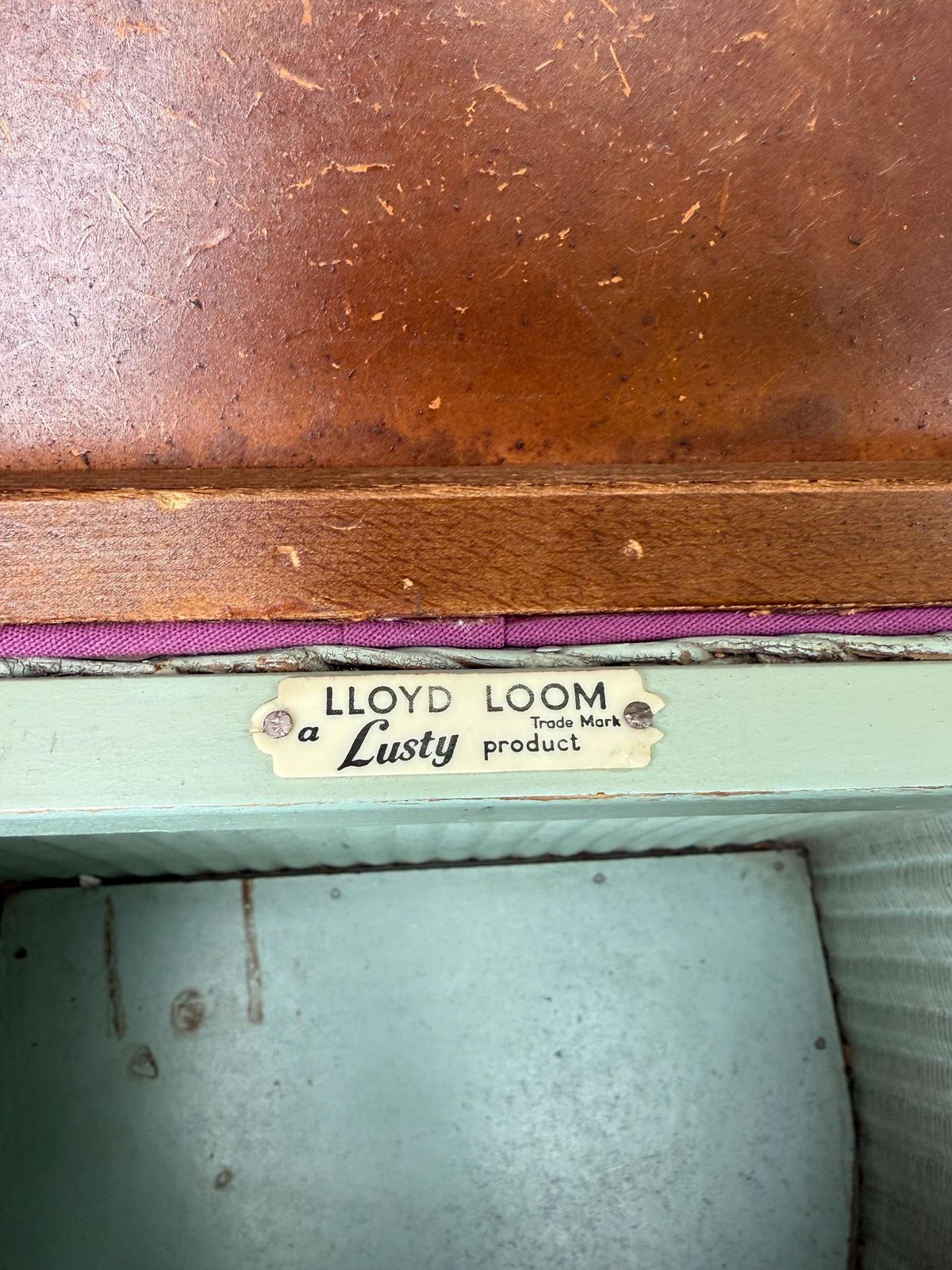 Vintage Lloyd Loom Laundry Basket – Mint Green Painted Ottoman With Leaf Print Seat, Storage Seat, Mid Century Utility Charm, Painted Stool photo for sale