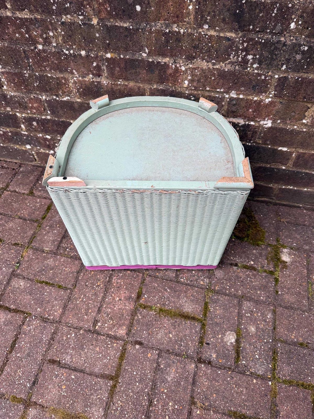 photo for sale Vintage Lloyd Loom Laundry Basket – Mint Green Painted Ottoman With Leaf Print Seat, Storage Seat, Mid Century Utility Charm, Painted Stool