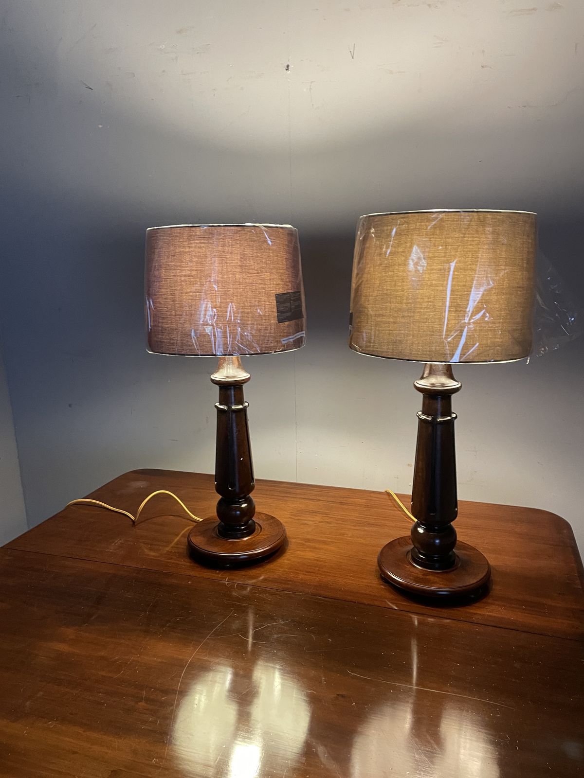 Pair Of Large Mahogany Table Lamps (Shades Not Included) photo for sale