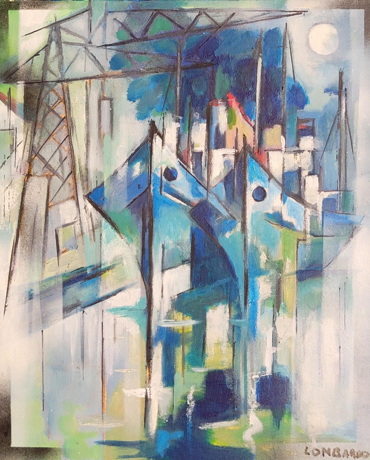 Boats In Harbour. Contemporary Cubist Acrylic On Canvas By Lombardo