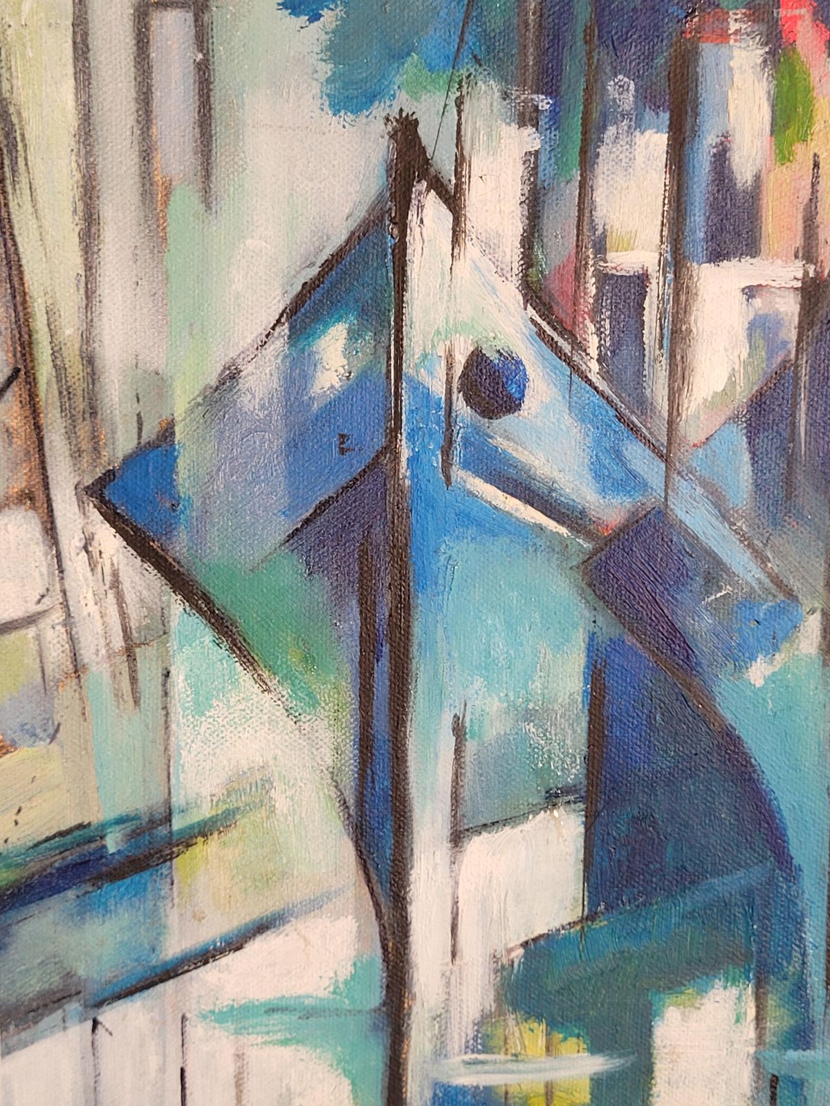 Boats In Harbour. Contemporary Cubist Acrylic On Canvas By Lombardo photo for sale