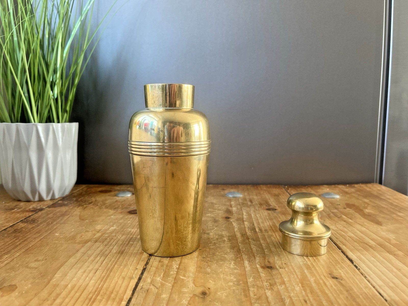Antique Art Deco Pill Bottle Shape Cocktail Shaker Brass Plated Epns Bar Cabinet photo vinterior