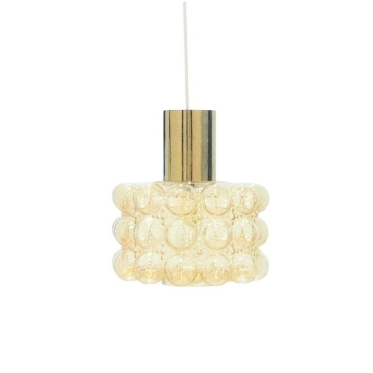Grote Mid Century Amber Bubbelglas & Messing Plafondlamp Van Helena Tynell Voor Limburg, Duitsland, Jaren 1960