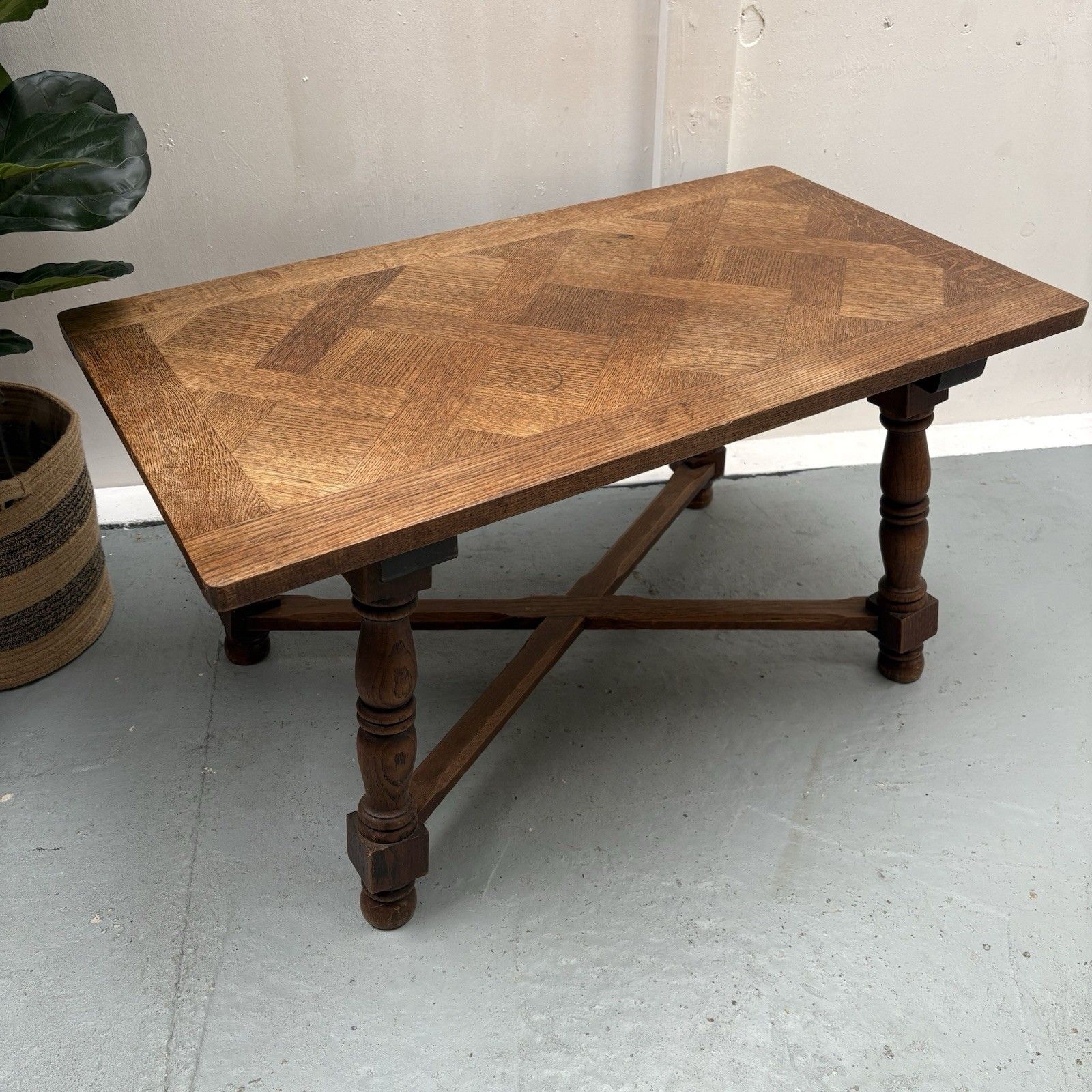 Mid Century French Oak Parquetry Herringbone Top Rustic Coffee Table photo for sale