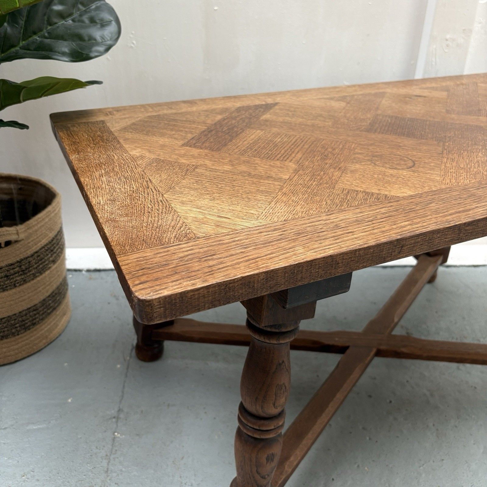 Mid Century French Oak Parquetry Herringbone Top Rustic Coffee Table photo Furniture