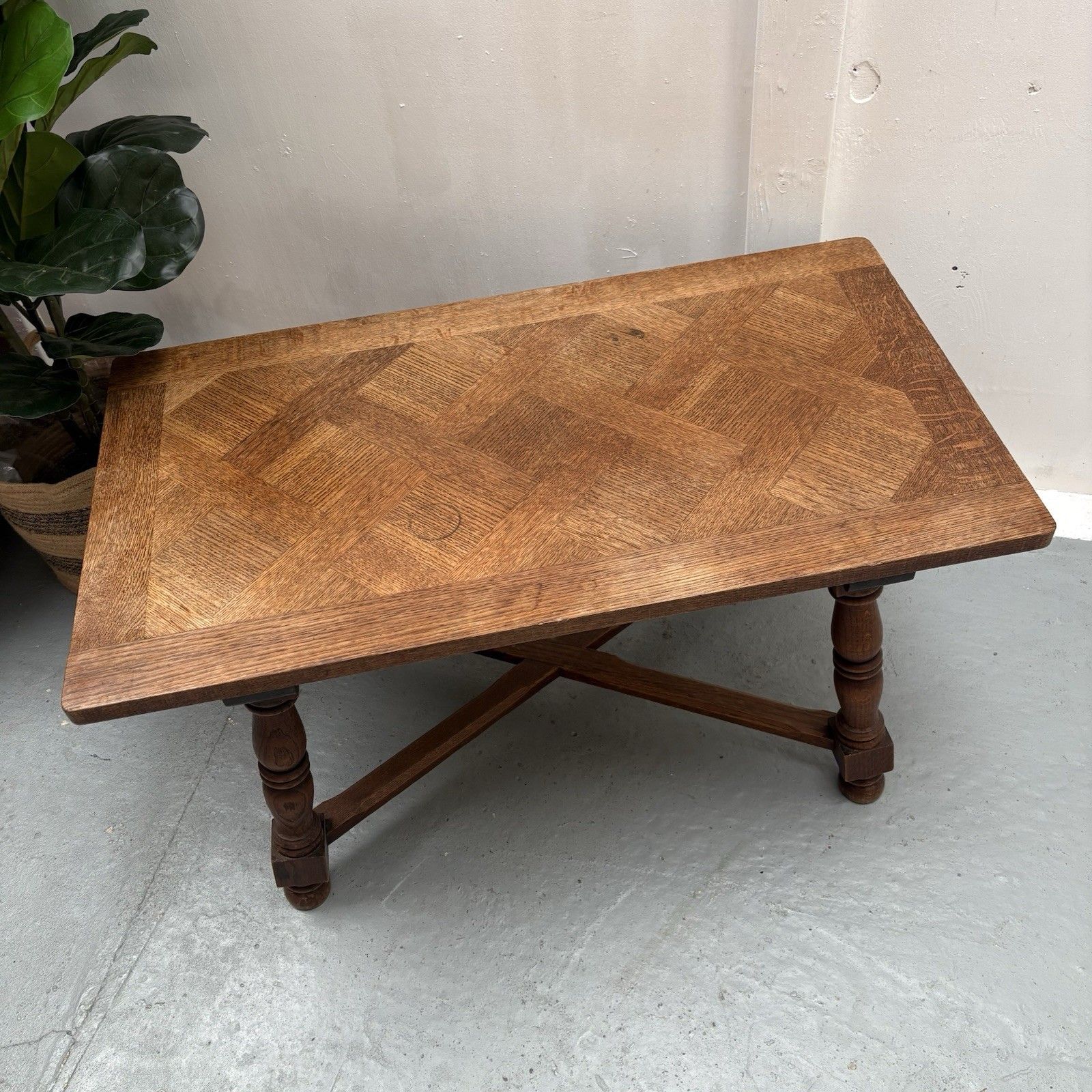 Mid Century French Oak Parquetry Herringbone Top Rustic Coffee Table photo vinterior