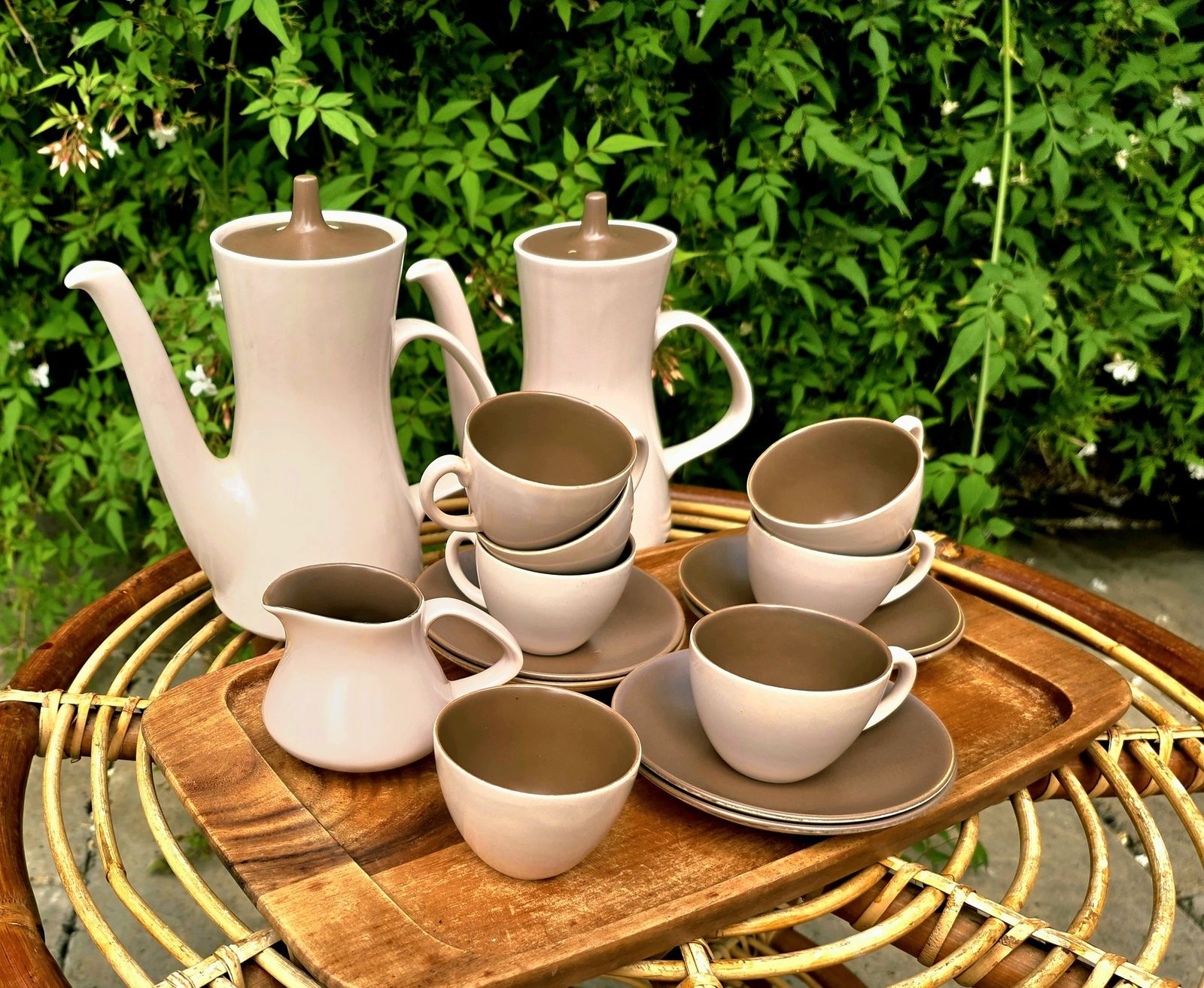 Mid Century Espresso Coffee Set By Poole Pottery In Twintone Mushroom & Sepia photo furniture