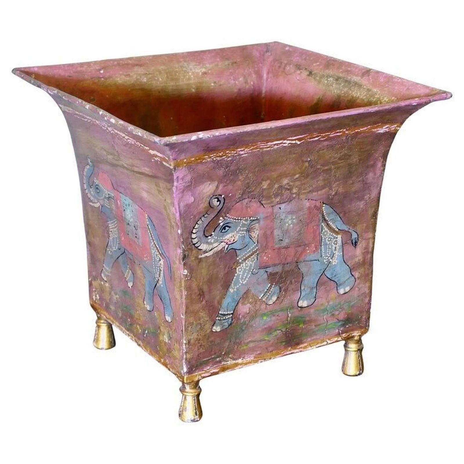 Indian Metal Jardiniere Painted With Elephants