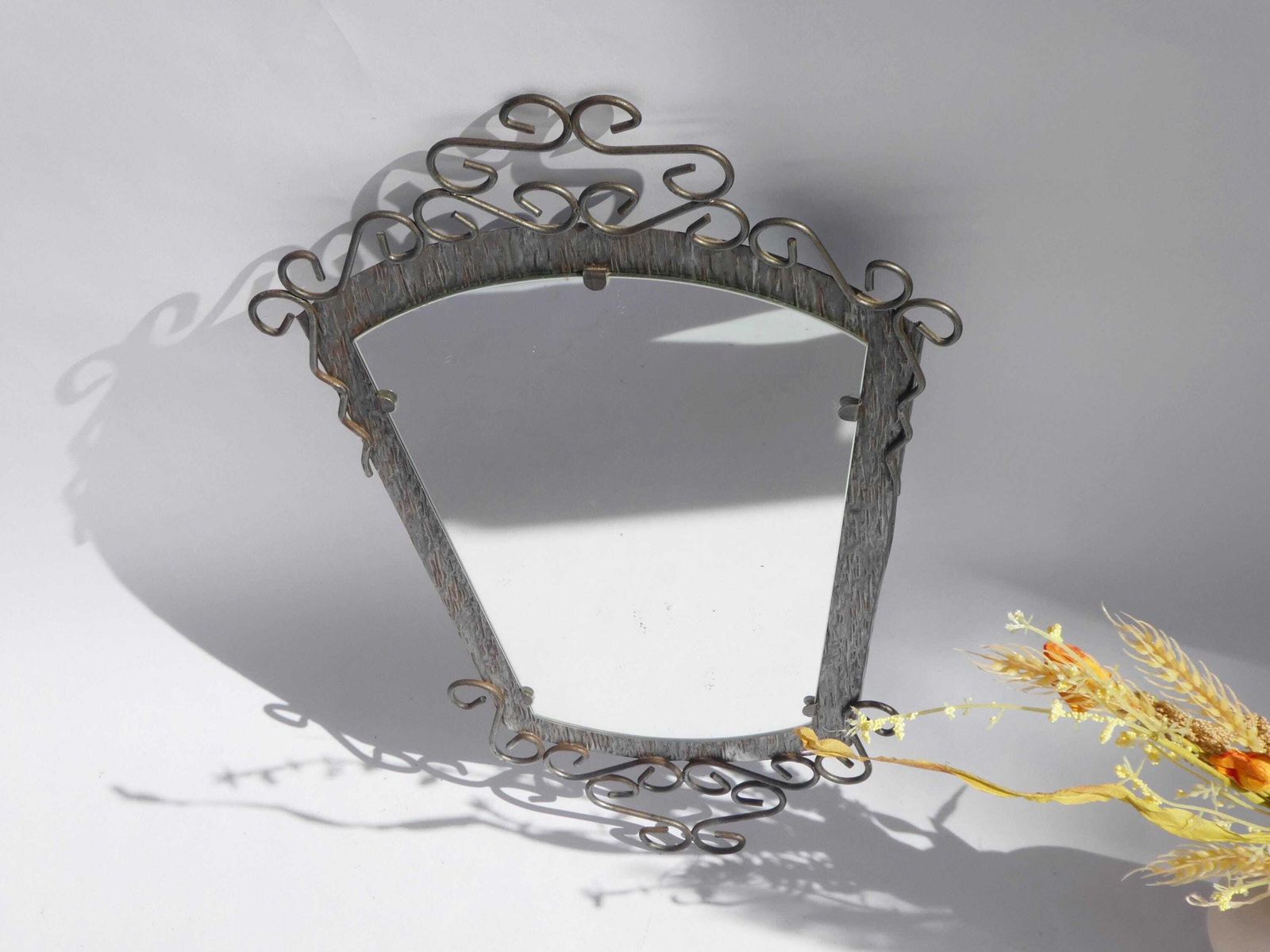 Modern Mid Century Metal Grey Mirror, Vintage Ornate Branded Mirror photo furniture