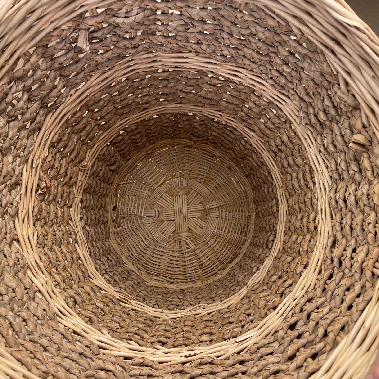 Vintage Large Round Laundry Basket Woven Wicker Brown Antique Cylinder Storage Farmhouse Cottage Decor Antique Cane Wood Logs Fireplace photo vinterior