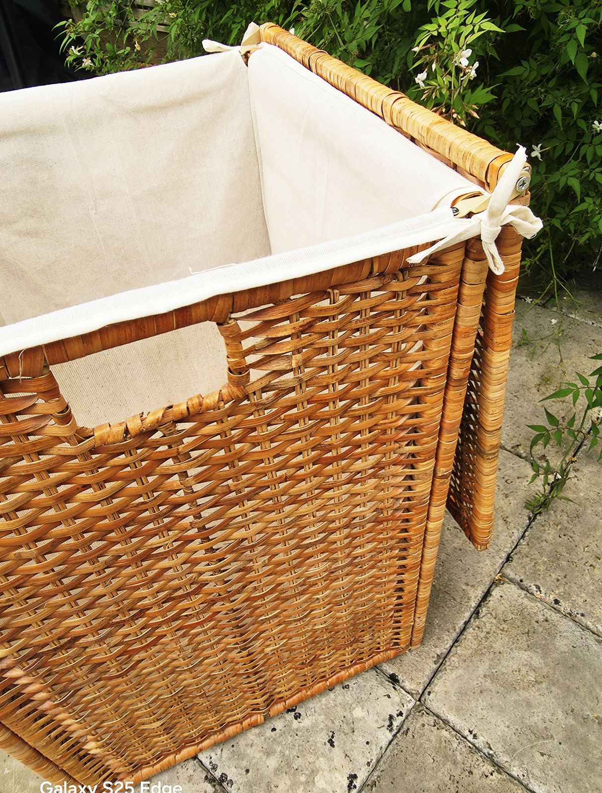 Tall Wicker Laundry Basket With Cream Linen Interior photo buy