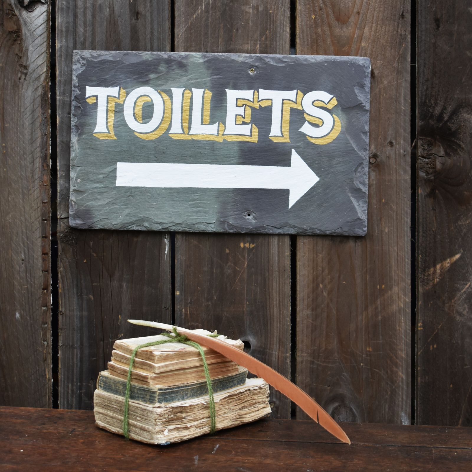 Salvaged Slate Hand Painted Signwriting Toliet Arrow Wall Plaque Sign Two Avail photo for sale