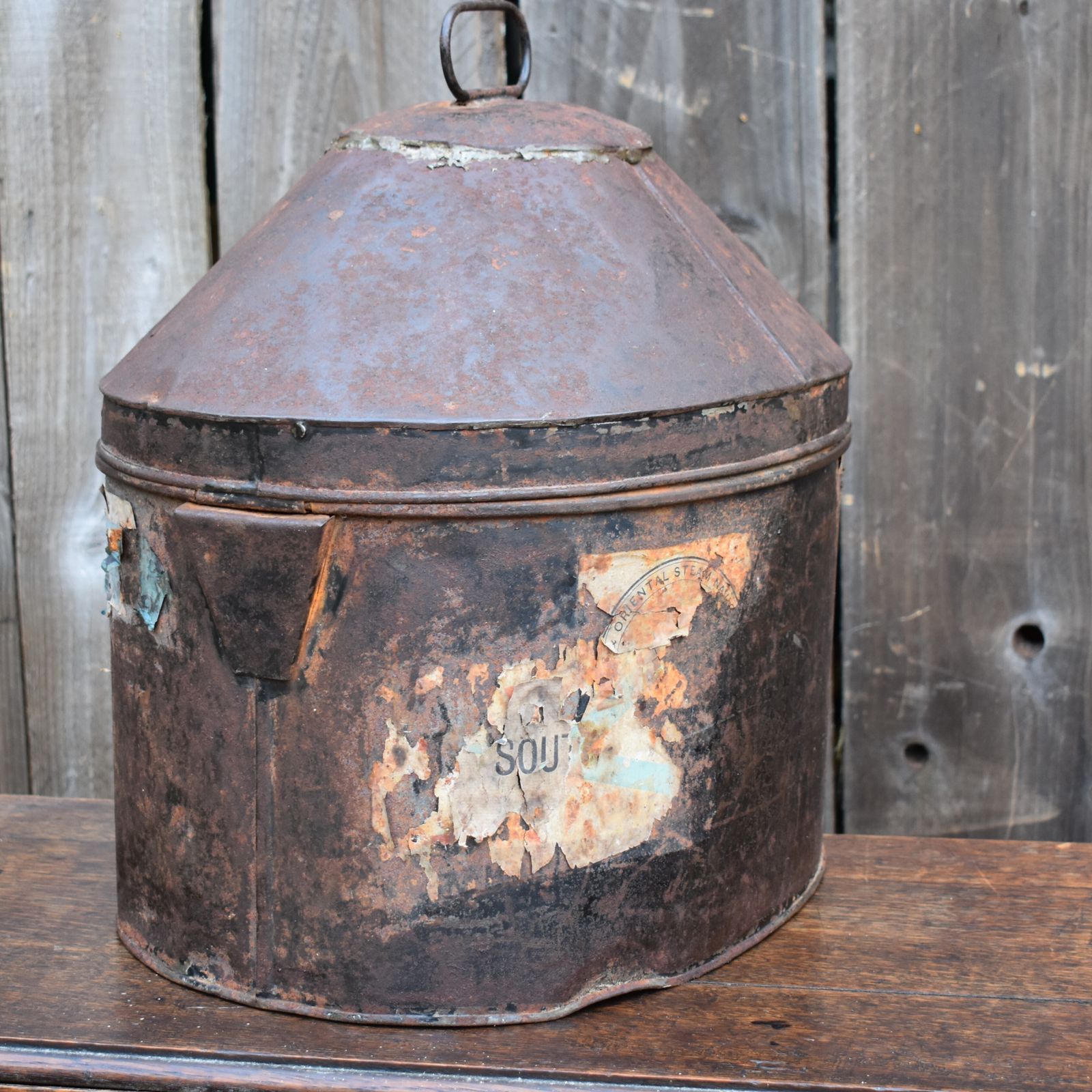 Antique Large Military Navy Uniform Helmet Hat Box Tin Case With Travel Labels photo vintage