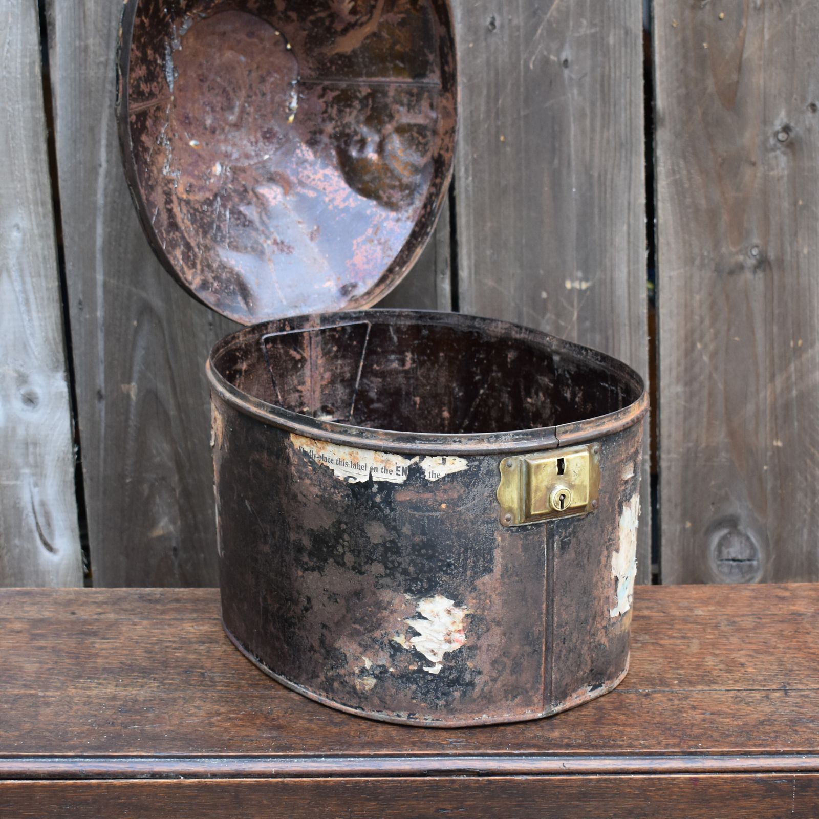 photo furniture Antique Large Military Navy Uniform Helmet Hat Box Tin Case With Travel Labels