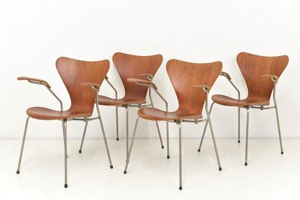 Model 3207 Chairs In Teak By Arne Jacobsen For Fritz Hansen, Denmark, 1955, Set Of 4