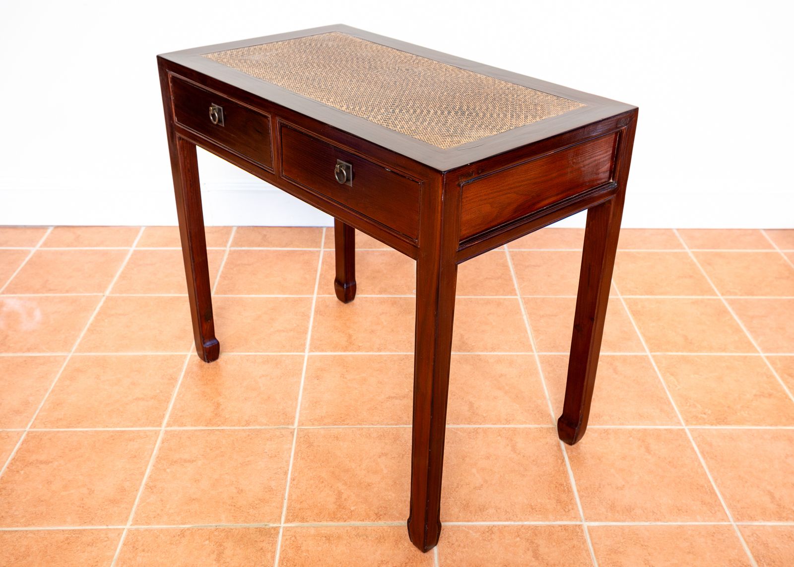 Antique Lacquered Chinese Console Tabl.E Des.K Inlaid Jumu Elm Early 20th Century Rattan Hallway Tabl.E Occasional Side Tabl.E Two Drawers photo vintage