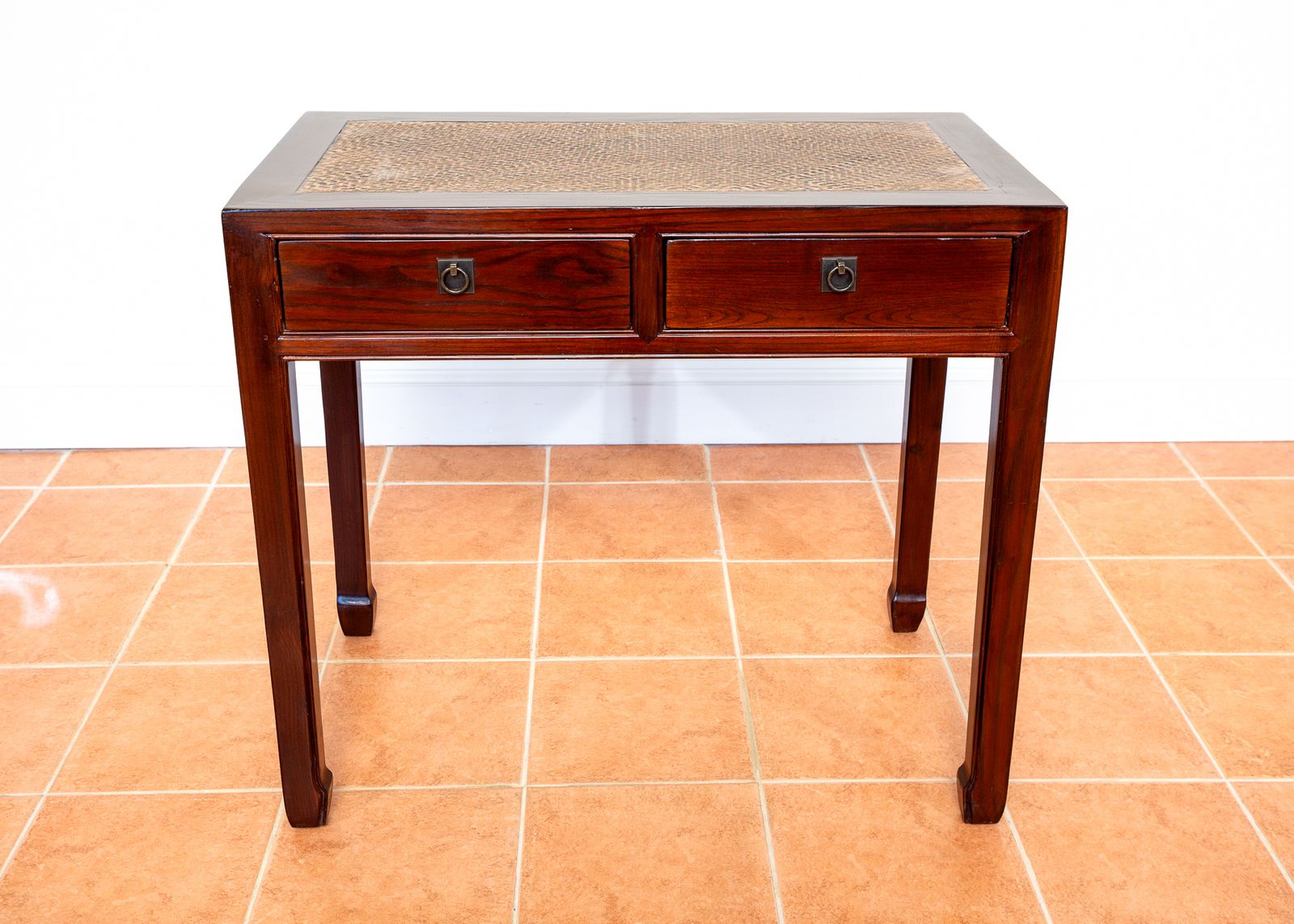 photo furniture Antique Lacquered Chinese Console Tabl.E Des.K Inlaid Jumu Elm Early 20th Century Rattan Hallway Tabl.E Occasional Side Tabl.E Two Drawers