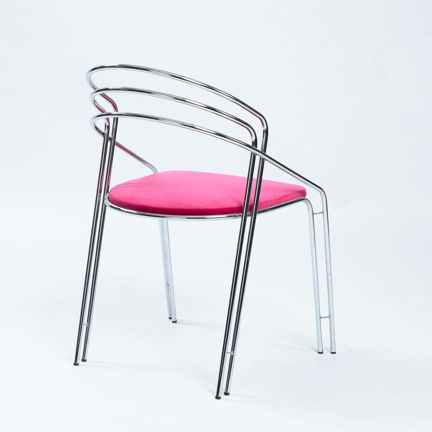 Midcentury Chrome Pink Velvet Dining Chair Set, 4 Pcs, Italy 1970s photo buy
