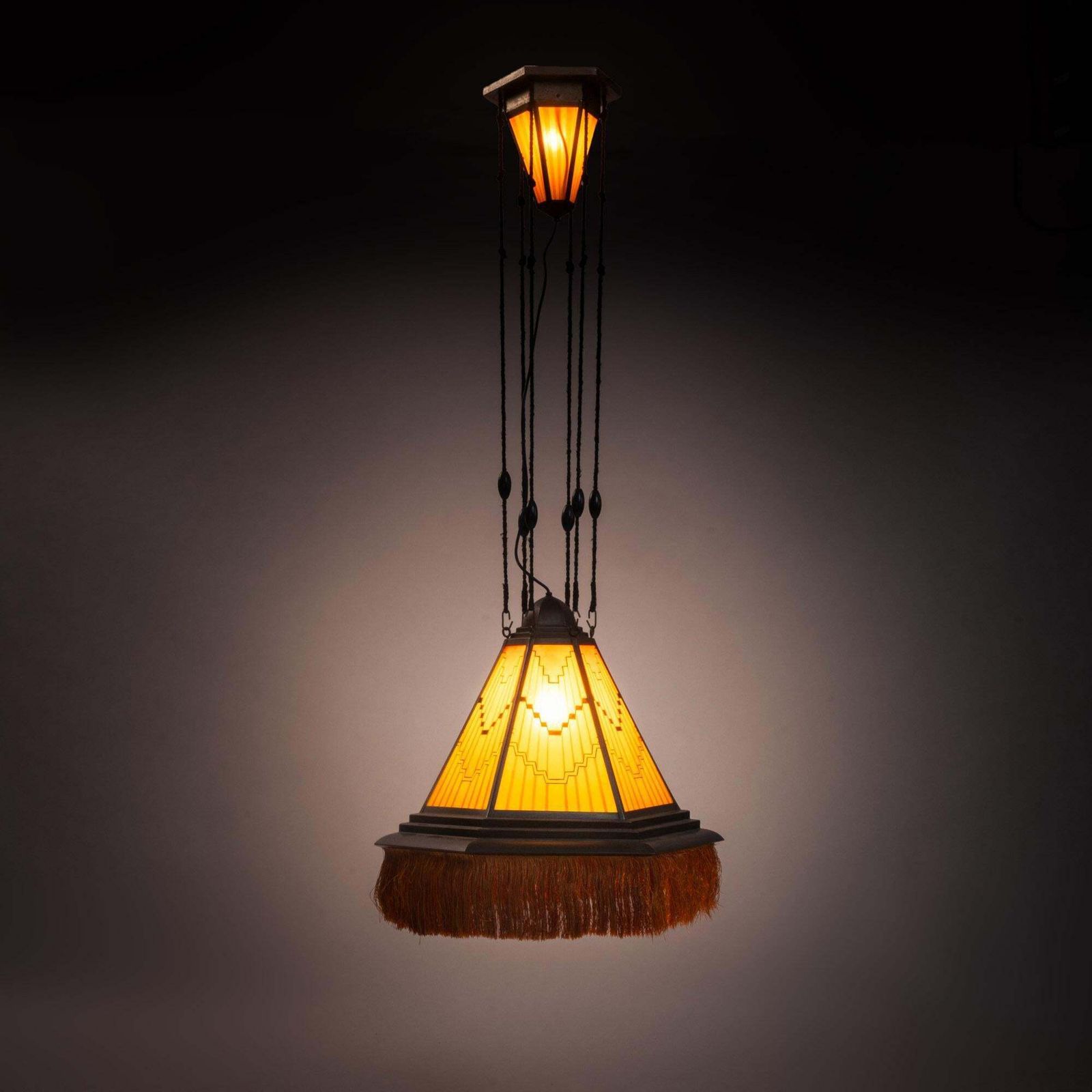 Art Deco Amsterdam School Painted Glass Copper Pendant Lamp, The Netherlands, 1930s photo furniture
