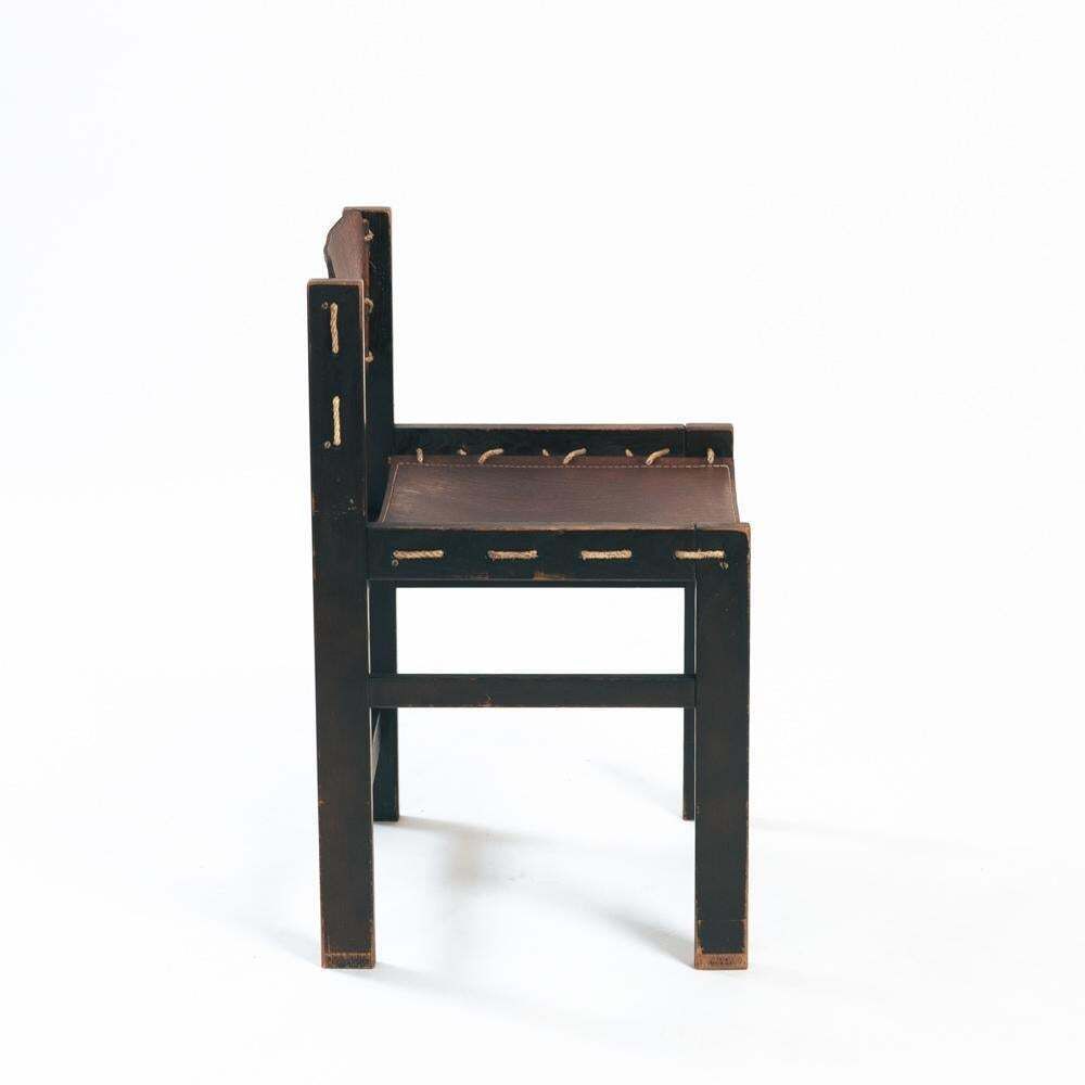 Vintage Brutalist Hide Leather And Wood With Rope Dining Chairs, Set Of 2 photo Furniture