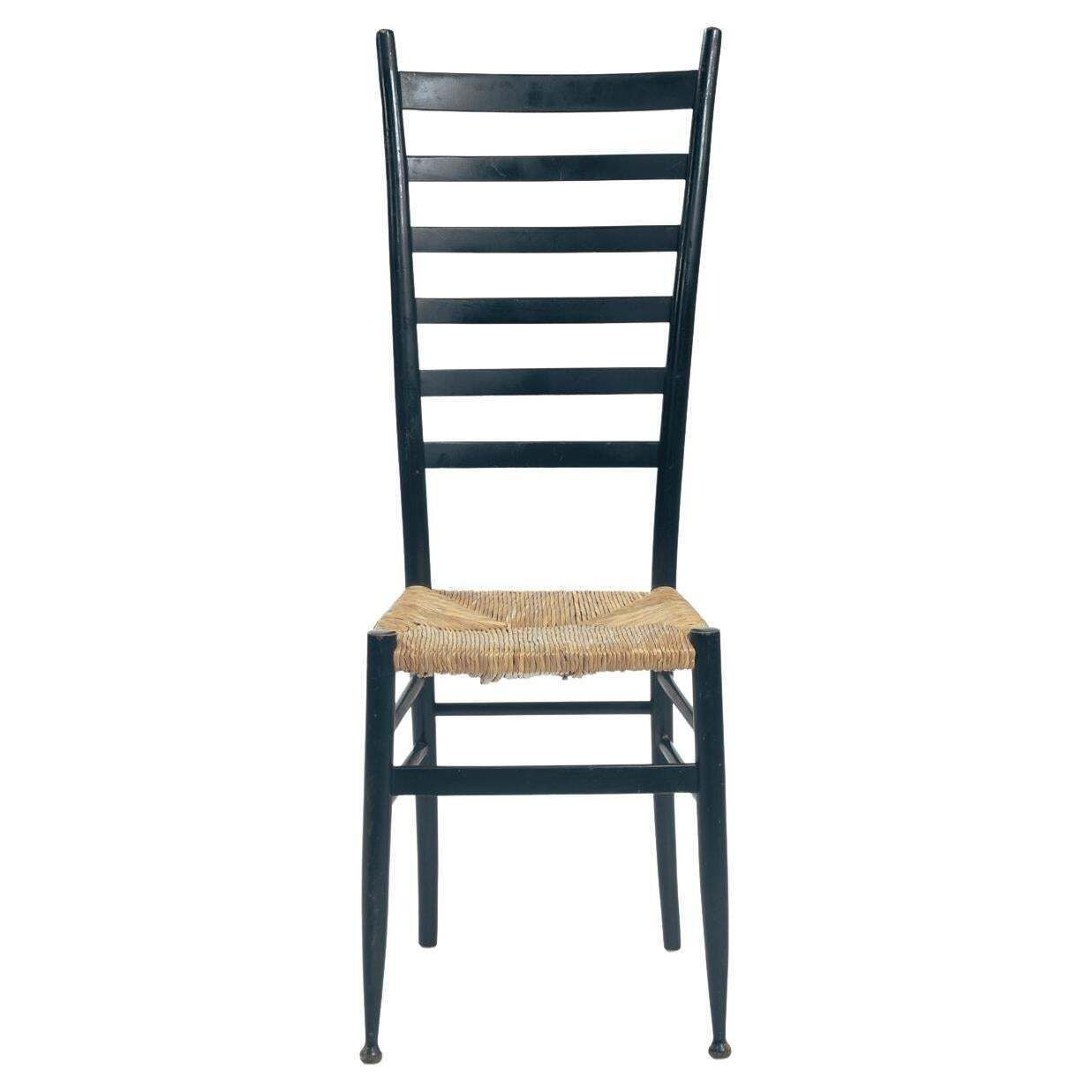 Chiavari Italian Gio Ponti Style Ebonised Straw Highback Chair, 1950s