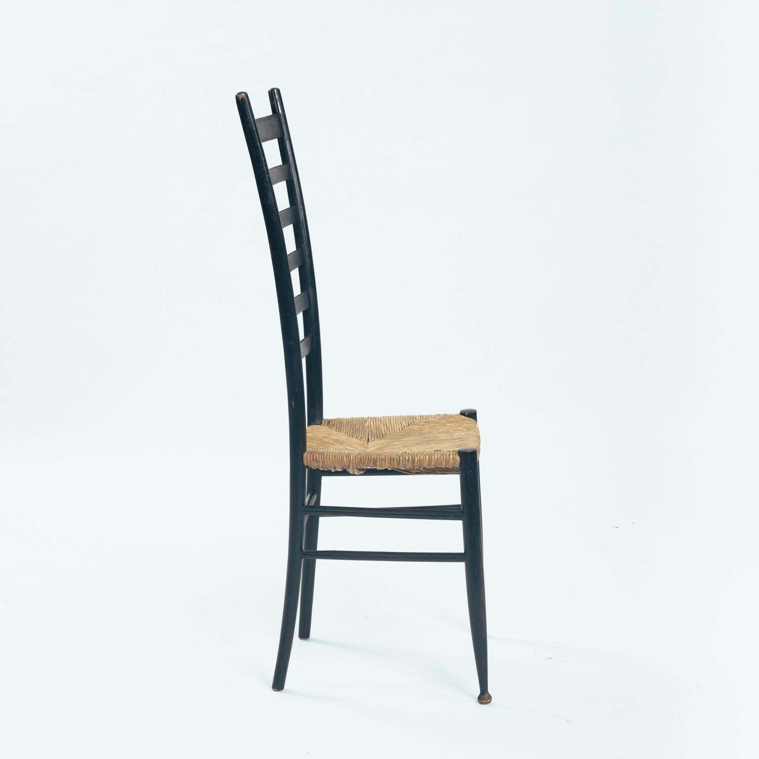Chiavari Italian Gio Ponti Style Ebonised Straw Highback Chair, 1950s photo Furniture