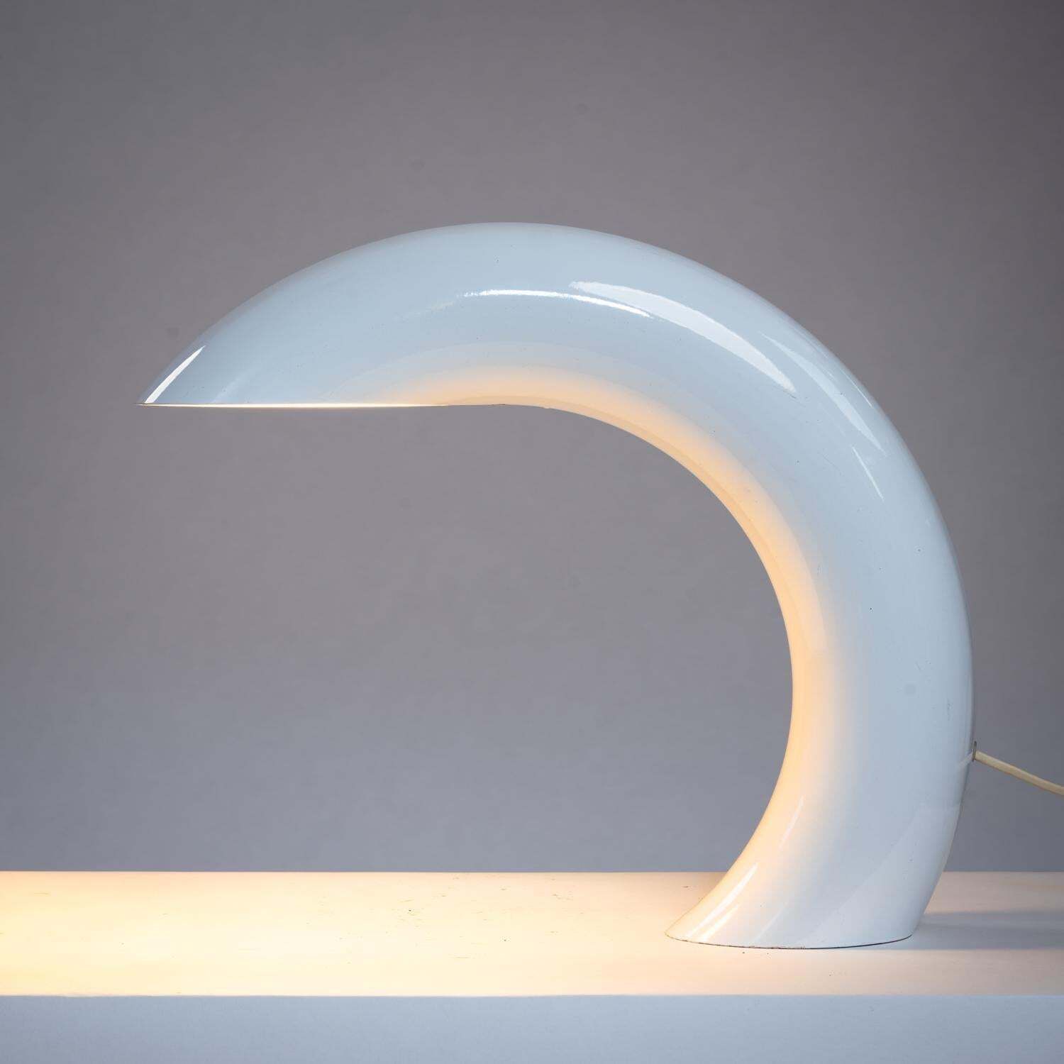 Georges Frydman White Arc Shaped Aluminium Casted Table Lamp, France, 1960s photo furniture