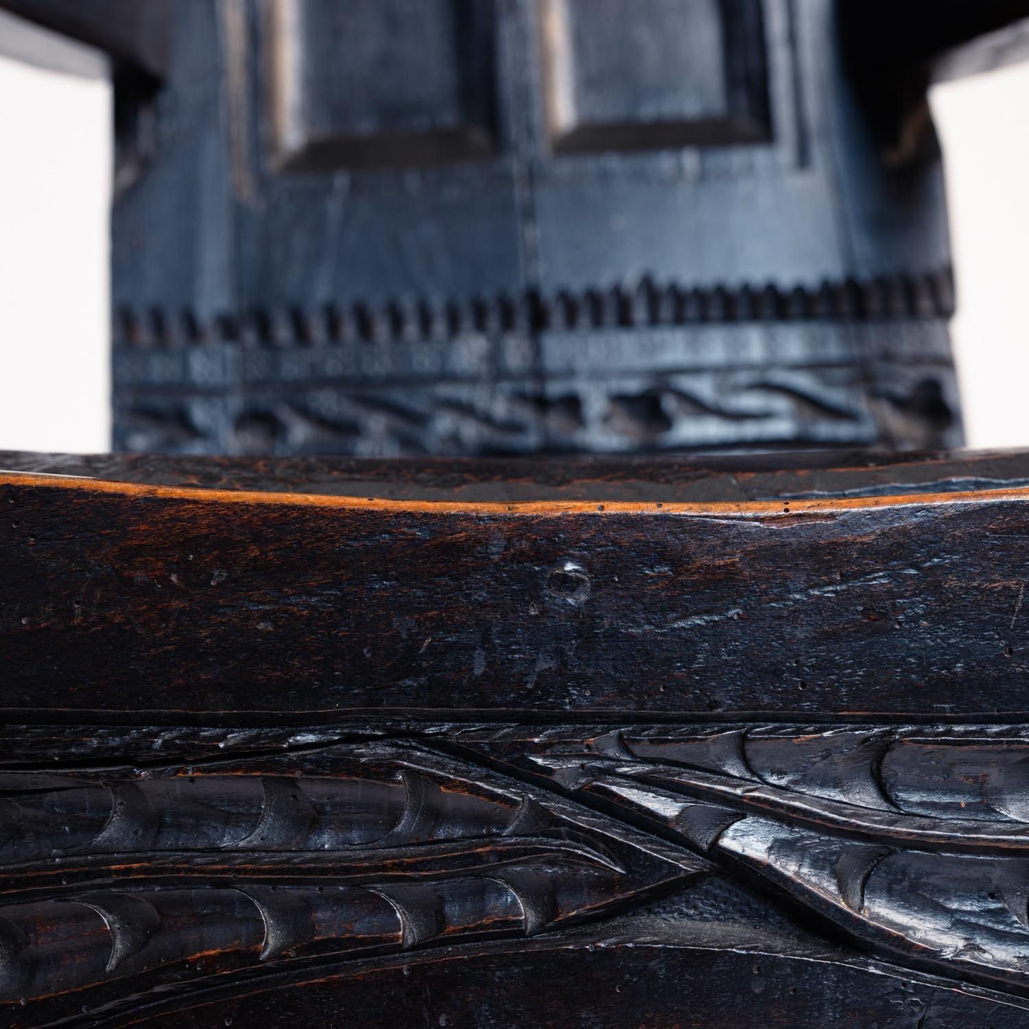 photo buy Antique Medieval Walnut Sculptural Arm Chair With Floral Carvings, 17th Century
