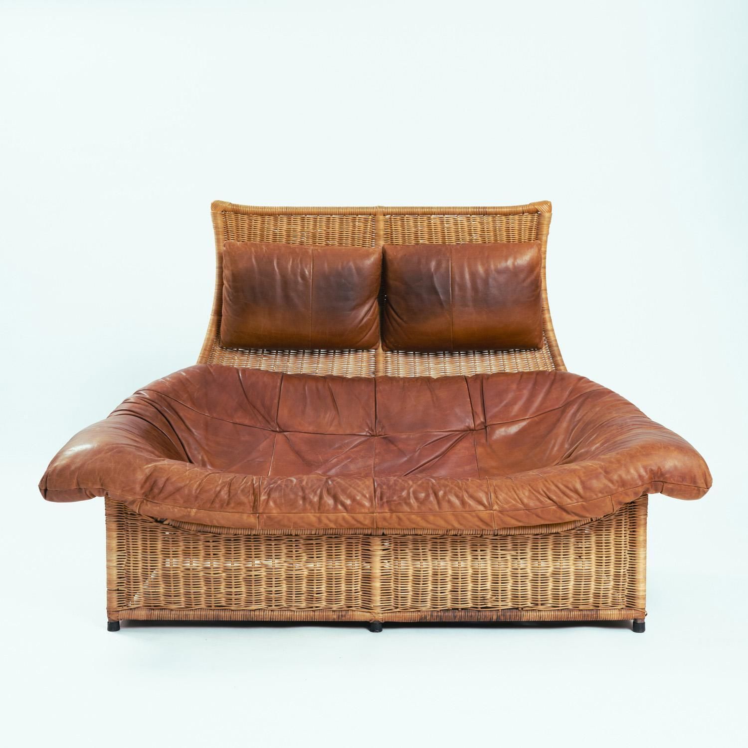 The Rock Tall Back Rattan Loveseat Sofa By Gerard Van Den Berg Leather, 1970s photo furniture