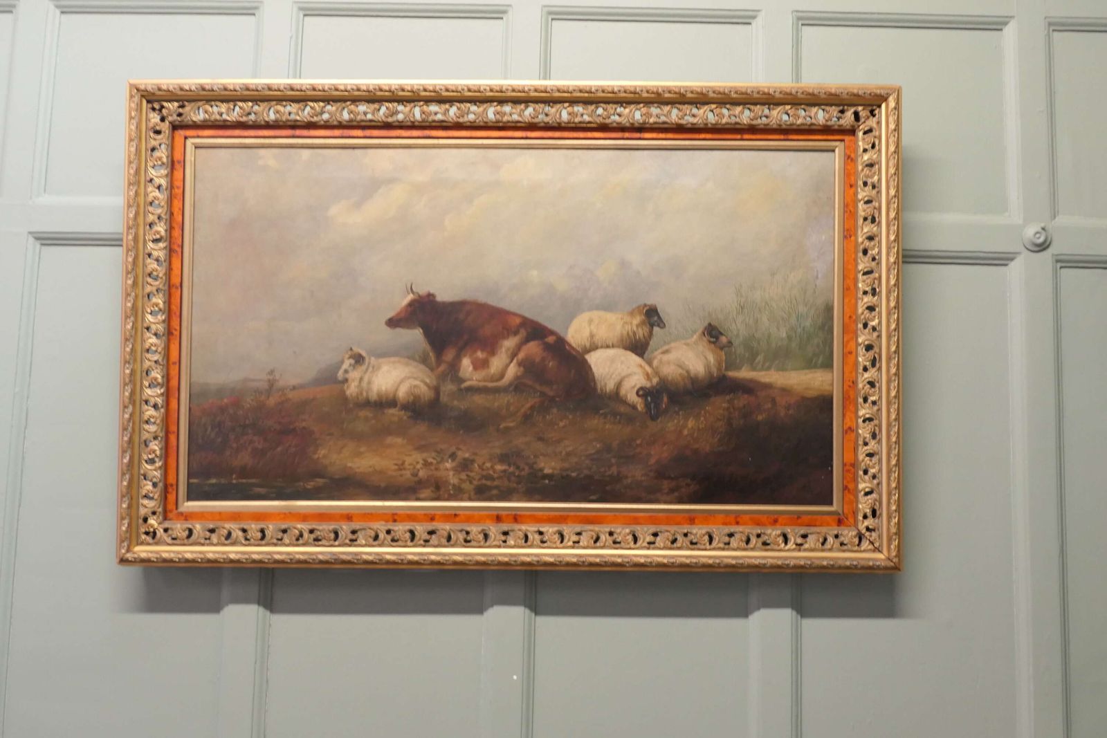 Large Unsigned Victorian Oil Painting, Of A Cow And Sheep photo vinterior
