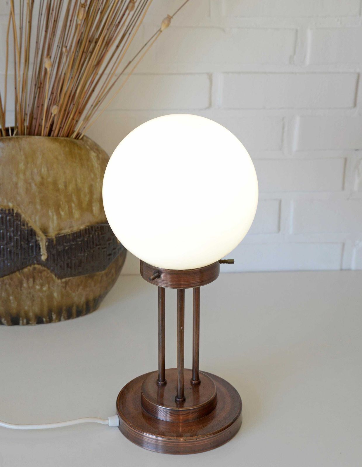 Vintage Desk Lamp / Mid Century Table Copper Light / Opaline Glass Light Fixture / Yugoslavia 1980s / Art Deco / Minimalist Rustic Light photo for sale