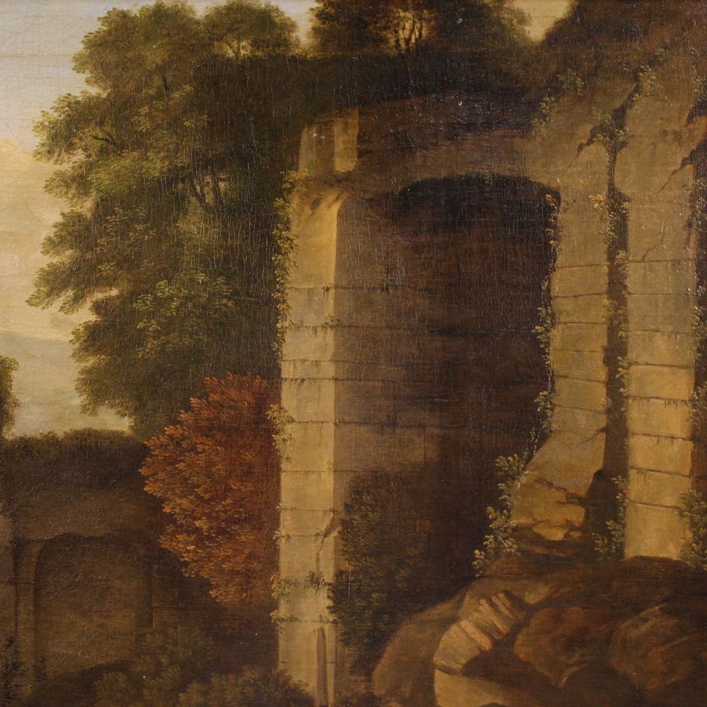 Great 17th Century Italian Painting, Bucolic Landscape With Ruins photo for sale