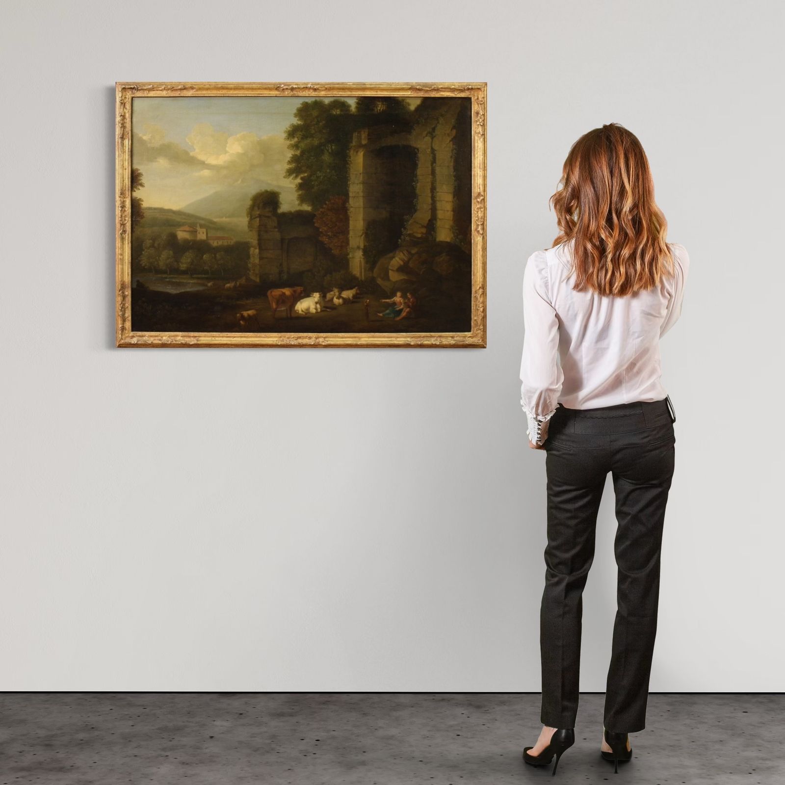 Great 17th Century Italian Painting, Bucolic Landscape With Ruins photo buy