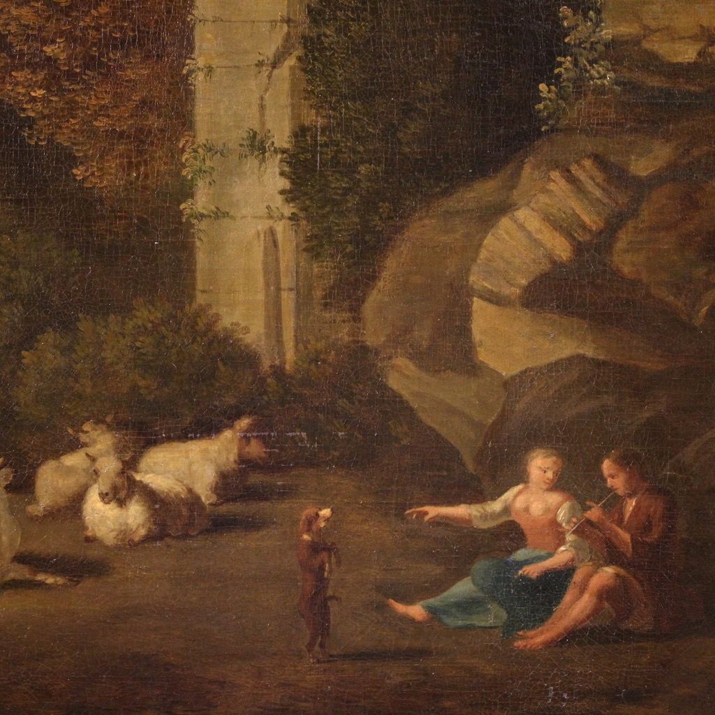 Great 17th Century Italian Painting, Bucolic Landscape With Ruins photo vintage