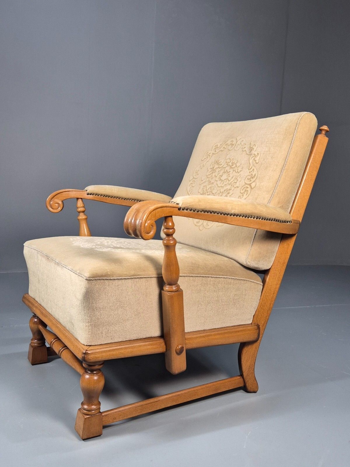 Vintage Danish Oak Frame 1970s Lounge Chair Gold Floral Upholstery Eb9658 Vclo photo furniture