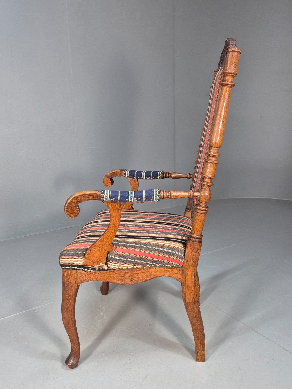 175.0 Vintage Danish Antique Armchair Early C20th Oak Frame Striped Wool  Eb8915 Vcar photo