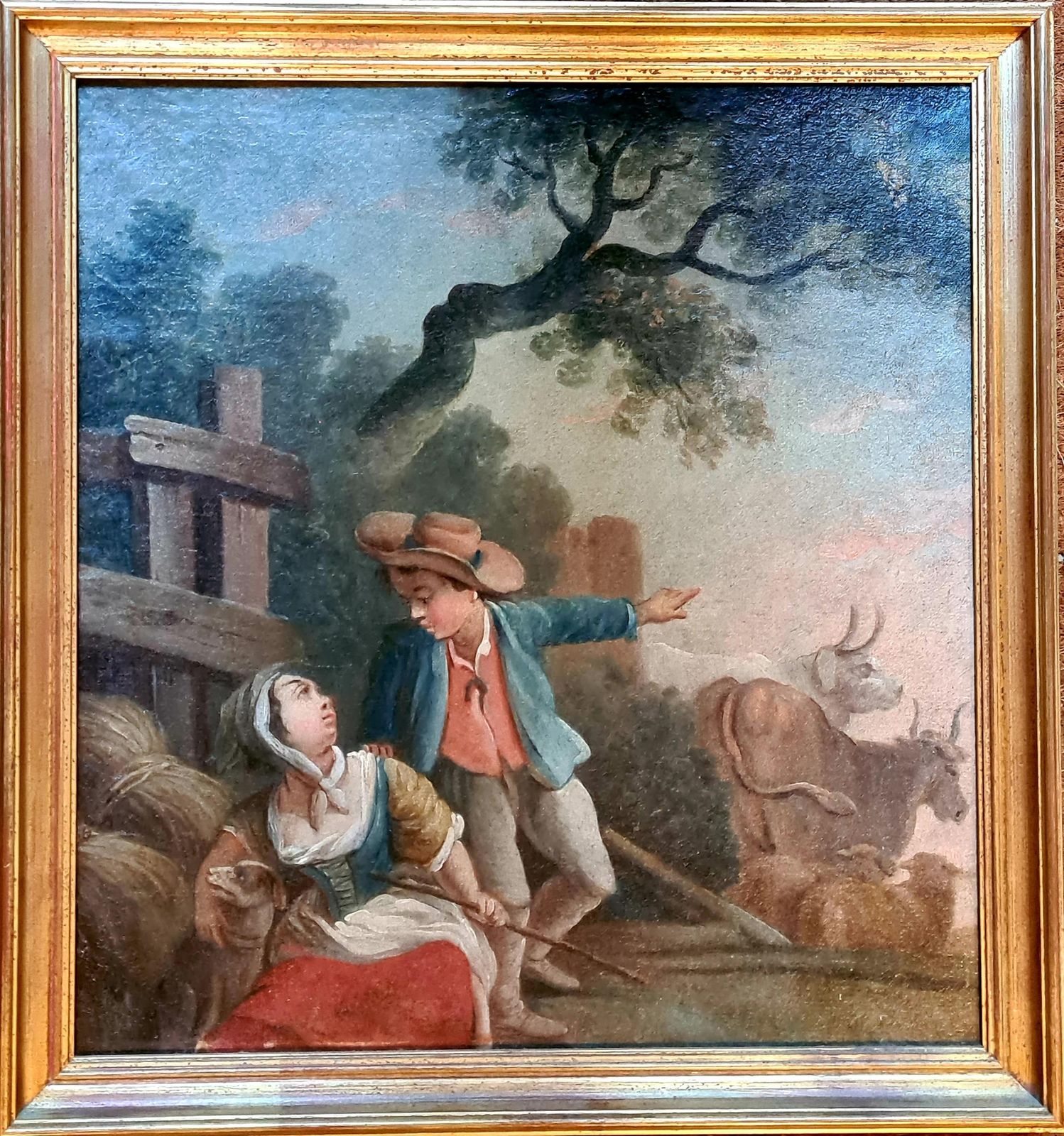 Rococo Pastoral Landscape, Figures, Oxen And Sheep Circle Of Saverio Della Gatta