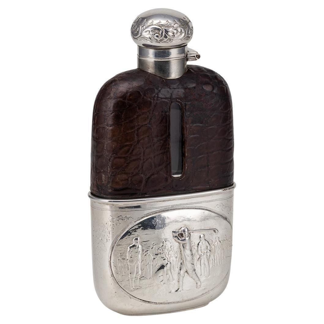 Antique 20thc Novelty Silver Plate & Crocodile Leather Golfing Hip Flask C.1920