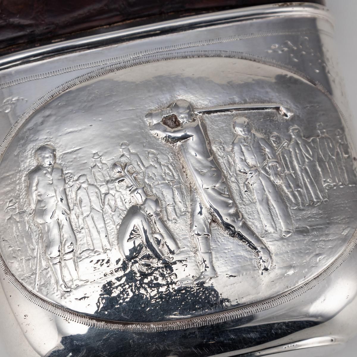 Home Decor Antique 20thc Novelty Silver Plate & Crocodile Leather Golfing Hip Flask C.1920 photo