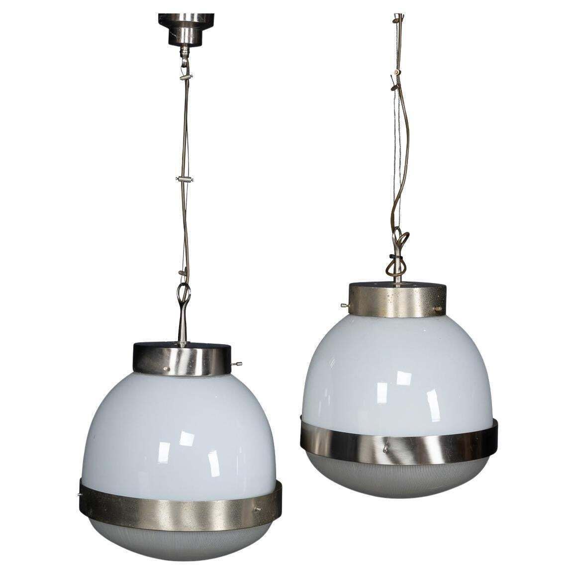 20thc Italian Pair Of "Delta" Opaline Pendant Lights By Sergio Mazza C.1960